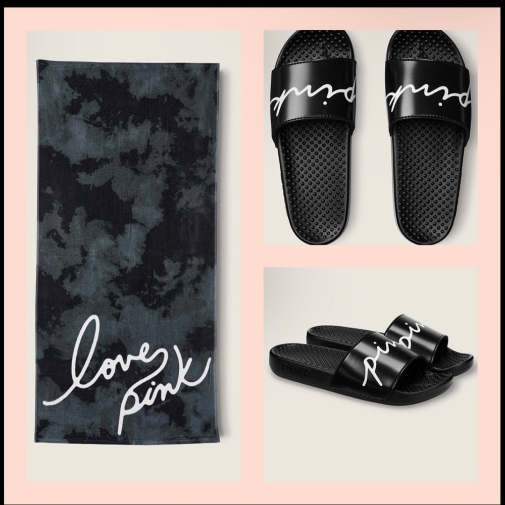 Pink Victoria’s Secret Sandals and beach towel